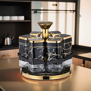 6pcs Glass Spice Jar Set, Rotating Kitchen Seasoning Bottles, Food-safe Condiment Containers With Golden Accents, Spice Rack Cabinet & Drawer Organization Shop Online at Dubai Trades