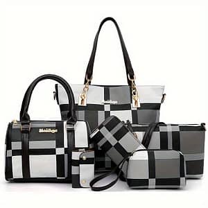 6pcs/set Large Capacity Checkered Pattern Shoulder Bag With Simple Handbag, Crossbody Bag, Clutch Bag, Long & Short Wallet Briefcases Shop Online at Dubai Trades