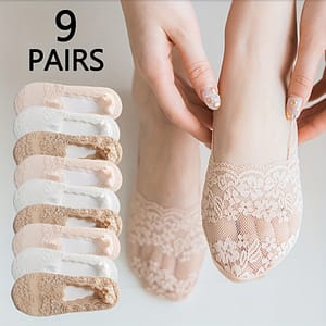 9 Pairs Women’s Floral Lace Liner Socks – Breathable Polyester Invisible Boat Socks With Non-slip Grip, Knit Fabric, Machine Washable Accessories Shop Online at Dubai Trades