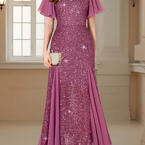 A Long Evening Gown With A Heart-shaped Neckline, Featuring Purple Lotus-colored Sequins And Sleeves. Bridesmaid Dresses Shop Online at Dubai Trades