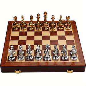 A Luxurious Silvery Chess Set With A Wooden Folding Chessboard, Featuring Alloy Pieces For A Heavier Feel. Board Games Shop Online at Dubai Trades