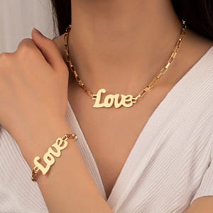 A New Hollow English Love Metal Pendant Bracelet And A Necklace Minimalist Cold And Personality Creative Golden Jewelry Set Clothing, Shoes & Jewelry Shop Online at Dubai Trades