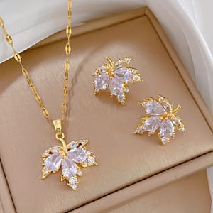 A Set Of 3 Pieces Including Copper Inlaid Cubic Zirconia Maple Leaf Earrings And A Pendant Necklace For Women. Clothing, Shoes & Jewelry Shop Online at Dubai Trades