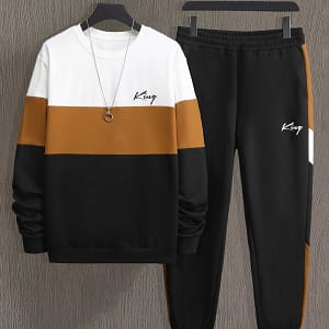 A Set Of Men’s Color- Sportswear For Spring And Autumn, Featuring A Casual Print Long-sleeve Crew Neck Sweatshirt And Drawstring Jogger Pants. Clothing Shop Online at Dubai Trades