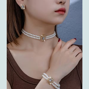 A Stylish French-inspired Set Featuring Double-row Pearl Geometric Square Earrings, Bracelet, And Necklace, Perfect As A Gift For And Suitable For Everyday Women. Clothing, Shoes & Jewelry Shop Online at Dubai Trades