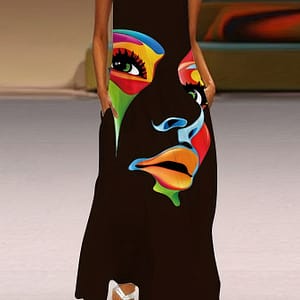 Abstract Face Print Maxi Dress, Notched Neck Sleeveless Casual Dress For Summer & Spring, Women’s Clothing Clothing Shop Online at Dubai Trades