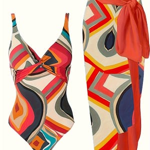 Abstract Geometric Print 2 Piece Swimsuits, Twist Front V Neck One-piece Bathing-suit & Cover Up Skirt, Women’s Swimwear & Clothing Clothing Shop Online at Dubai Trades