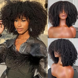 Afro Wig With Bangs Full Machine Made Scalp Top Wig 180 Density Short Curly Human Hair Wigs Beauty & Personal Care Shop Online at Dubai Trades