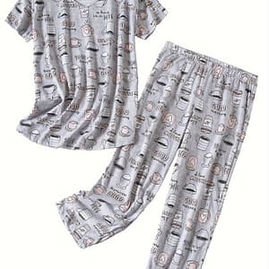 Allover Pajama Set, Casual Short Sleeve Round Neck Top & Pants, Women’s Sleepwear Clothing Shop Online at Dubai Trades