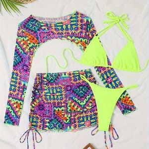 Allover Print 4 Piece Set Bikini, Halter Neck Tie Back Backless High Cut With Long Sleeves Cover Up Shrug & Skirt Swimsuits, Women’s Swimwear & Clothing Bikinis Shop Online at Dubai Trades