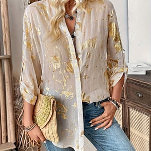 Allover Print Button Front Blouse, Long Sleeve Blouse For Spring & Fall, Women’s Clothing Blouses Shop Online at Dubai Trades