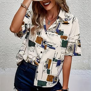 Allover Print Button Front Shirt, Casual Short Sleeve Lapel Shirt For Vacation, Women’s Clothing Blouses Shop Online at Dubai Trades