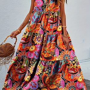 Allover Print Ruffle Hem Dress, Casual V Neck Sleeveless Dress For , Women’s Clothing Clothing Shop Online at Dubai Trades