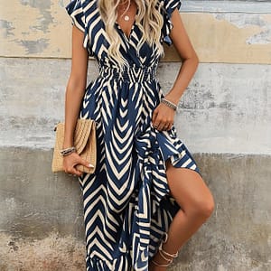 Allover Print Shirred Waist Dress, Elegant Ruffle Sleeve V Neck Dress For , Women’s Clothing Clothing Shop Online at Dubai Trades