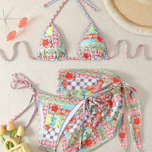 Allover Print Tribal 3 Piece Set Bikini, Triangle Halter Neck High Cut With Cover Up Skirt Swimsuits, Women’s Swimwear & Clothing Bikinis Shop Online at Dubai Trades