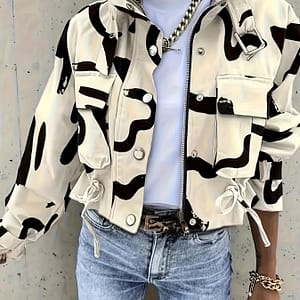 Allover Print Zipper Jacket, Stylish Long Sleeve Collared Jacket For Spring & Fall, Women’s Clothing Casual Jackets Shop Online at Dubai Trades