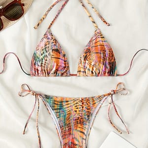 Animal 2 Piece Set Bikini, Halter V Neck Tie Back Backless High Cut Tie Side Swimsuits, Women’s Swimwear & Clothing Triangle Top Bikinis Shop Online at Dubai Trades