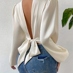 Backless Mock Neck Blouse, Elegant Knot Back Long Sleeve Blouse For Spring & Fall, Women’s Clothing Blouses Shop Online at Dubai Trades