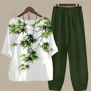 Bamboo Print Two-piece Set, Casual Short Sleeve T-shirt & Fitted Bottom Pants Outfits, Women’s Clothing Clothing Shop Online at Dubai Trades