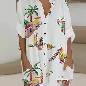 Beach Print Button Front Blouse, Vacation Long Sleeve Longline Top For Spring & Fall, Women’s Clothing Blouses Shop Online at Dubai Trades