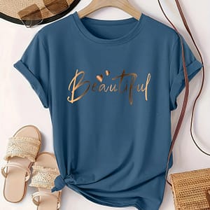 Beautiful” Golden Cursive T-shirt – Plus Size, Short Sleeve, Solid Green, Stretchy Polyester Blend, Machine Washable, Ideal For Spring/summer, Casual Wear|round Neckline Top| Clothing Shop Online at Dubai Trades