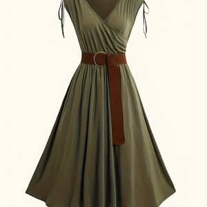 Belted Ruched Solid A-line Dress, Elegant Surplice Neck Sleeveless Dress For , Women’s Clothing Clothing Shop Online at Dubai Trades