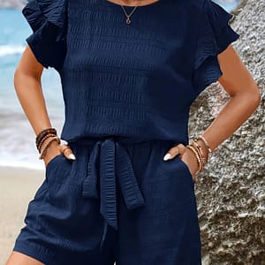 Belted Slant Pocket Texture Two-piece Set, Casual Flutter Sleeve Top & Loose Shorts Outfits, Women’s Clothing Clothing Shop Online at Dubai Trades