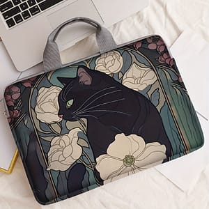Black Cat With Peonies Laptop Sleeve – 14.96″ Compatible, Zip Closure, Printed Polyester, Suitable For Office, College, And Daily Commute Briefcases Shop Online at Dubai Trades