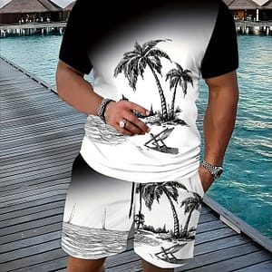Black & White Botanical Print T-shirt And Shorts Set – 3d , Casual Round Neck Top With Kangaroo Pocket, , Outdoor Activities, Fitness & Running – Spring/summer Collection Asian Shop Online at Dubai Trades 2
