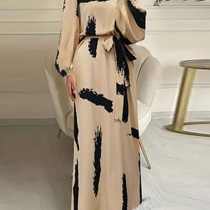 Blue And Orange Print Abaya Dress – Long Sleeve, Round Neck With Tie Waist Detail, Polyester & Spandex , Machine Washable – Traditional Middle Eastern Attire For Women Clothing Shop Online at Dubai Trades