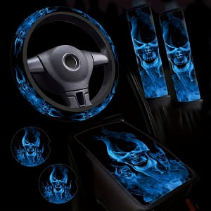 Blue Flame Print 6pcs Set (1 Steering Wheel Cover +1 Center Armrest +2 Seat Belt Shoulder Covers +2 Coasters) Automotive Shop Online at Dubai Trades