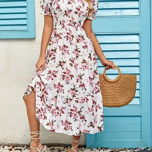 Bohemian Floral Print Short Sleeve Dress For Women – Lightweight Polyester, Square Neckline, Machine Washable, Slimming, Fashion Clothing Shop Online at Dubai Trades
