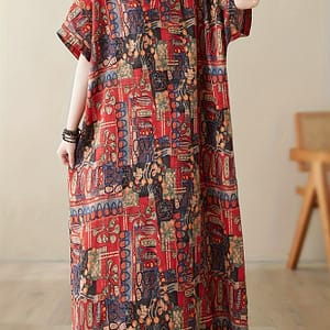 Bohemian Linen Maxi Dress With Pockets – V-neck, Short Sleeve, Vibrant Floral Print, Machine Washable, Lightweight For Women Clothing Shop Online at Dubai Trades