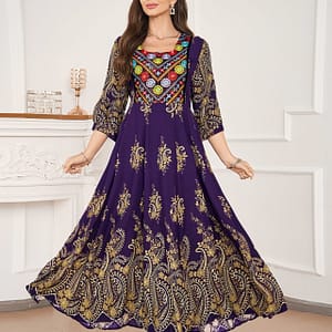 Bohemian Style Embroidered Maxi Dress – Vibrant Purple & Golden Floral Print, Square Neck, Flowy A-line Silhouette, Beach Vacations And Casual , Beach Dress Clothing Shop Online at Dubai Trades 2