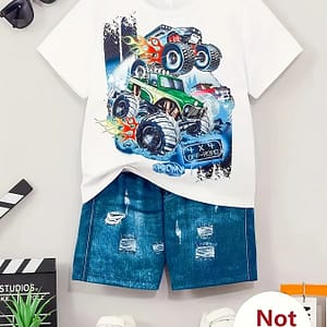 Boy’ Car Pattern Short Sleeve T-shirt + Denim Shorts 2pcs Set Soft, Comfortable And Breathable, Outdoor Boys Shop Online at Dubai Trades