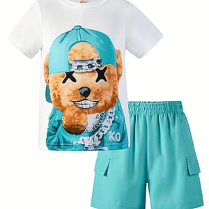 Boys’ Casual Bear Graphic Tee & Shorts Set – Lightweight Polyester , Machine Washable, Summer Outfit With Pockets, Casual Wear|trendy Set|stretchable Fabric, Outdoor Boys Shop Online at Dubai Trades