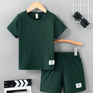 Boys’ Casual Summer Outfit Set – Comfy Polyester T-shirt & Shorts With Letter Jacquard Design, Round Neck, Non-transparent – Playtime, Outdoor Boys Shop Online at Dubai Trades