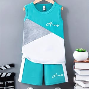 Boys’ Summer Casual Outfit Set – Color Block Tank Top & Shorts, Breathable Polyester, Machine Washable, Outdoor Boys Shop Online at Dubai Trades