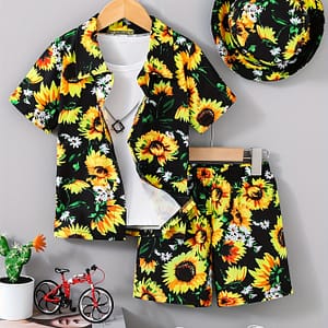 Boys’ Summer Floral Print Short Sleeve Shirt And Shorts Set – Casual Polyester Outfit With Sunflower Design, Includes Matching Hat, Outdoor Boys Shop Online at Dubai Trades