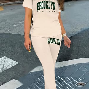 Brooklyn Print Summer & Spring Casual Two-piece Set, Crew Neck Short Sleeve Top & Slim Pants Outfits, Women’s Clothing Clothing Shop Online at Dubai Trades