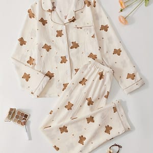 Brown Bear Printed Gauze Long Sleeve Top + Printed Long Pants Home Sleepwear Set Clothing Shop Online at Dubai Trades