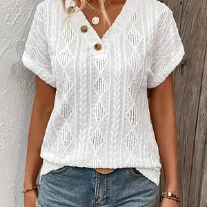 Button Decor V Neck T-shirt, Casual Short Sleeve Textured Top For , Women’s Clothing Clothing Shop Online at Dubai Trades