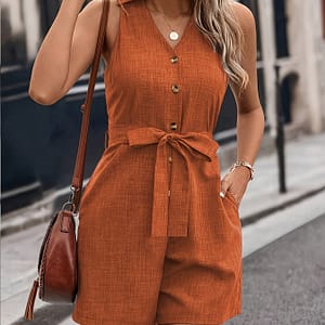 Button Front Belted With Pocket Jumpsuit, Elegant V Neck Sleeveless Jumpsuit For , Women’s Clothing Clothing Shop Online at Dubai Trades