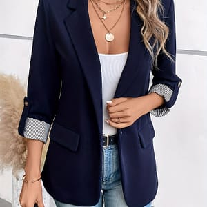 Button Front Lapel Collar Blazer, Elegant Roll Up Sleeve Blazer For Spring & Fall, Women’s Clothing Clothing Shop Online at Dubai Trades