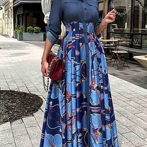 Button Front Splicing Flared Maxi Dress, Casual Roll Up Sleeve Dress, Women’s Clothing Clothing Shop Online at Dubai Trades