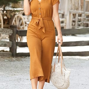 Button V Neck Belted Jumpsuit, Casual Solid Color Short Sleeve Jumpsuit For , Women’s Clothing Clothing Shop Online at Dubai Trades