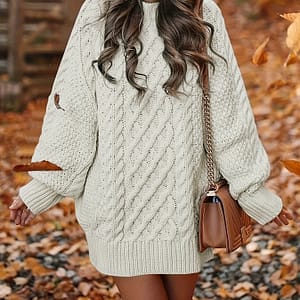 Cable Knit Long Sleeve Dress, Casual Solid Color Crew Neck Loose Knitted Dress, Women’s Clothing Clothing Shop Online at Dubai Trades