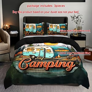 Camping Car Letter Print Bedding Set: 3 Pieces (1 Duvet Cover + 2 Pillow Cases) – No Pillow Inserts Included Bedding Shop Online at Dubai Trades