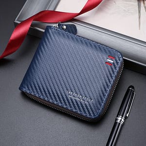 Carrken Men’s Sleek Carbon Fiber Wallet – Stylish Zippered Clutch With Multiple Card Slots, Pu & Polyester, Casual Black Accessories Shop Online at Dubai Trades