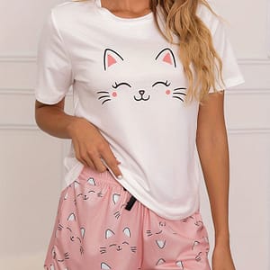 Cartoon Cat Print Lounge Set, Short Sleeve Crew Neck Top & Lace Up Shorts, Women’s Loungewear & Sleepwear Clothing Shop Online at Dubai Trades